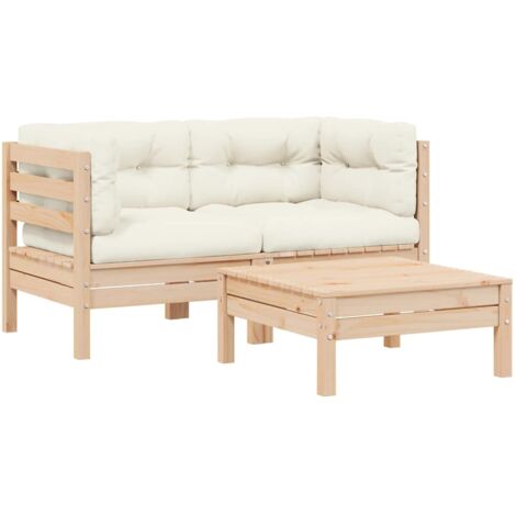 3 pcs Salon de jardin, Ensemble table et chaises de jardin, Meuble de jardin avec coussins crème Bois de pin massif MKW973420