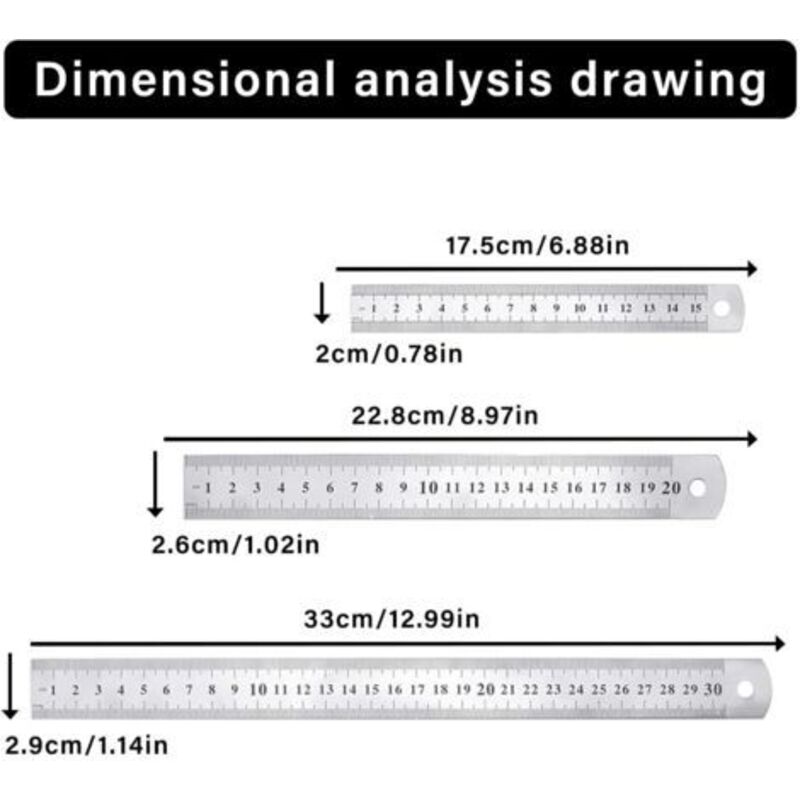 3 Pcs Stainless Steel Precision Metal Straight Ruler Set 15 cm (6''), 20cm (8''), 30cm (12'') Silver Stainless Steel Ruler