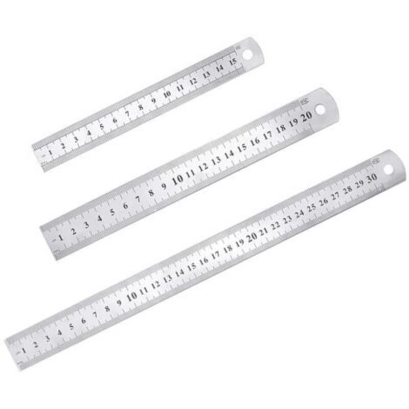 3 Pcs Stainless Steel Precision Metal Straight Ruler Set 15 cm (6''), 20cm (8''), 30cm (12'') Silver Stainless Steel Ruler