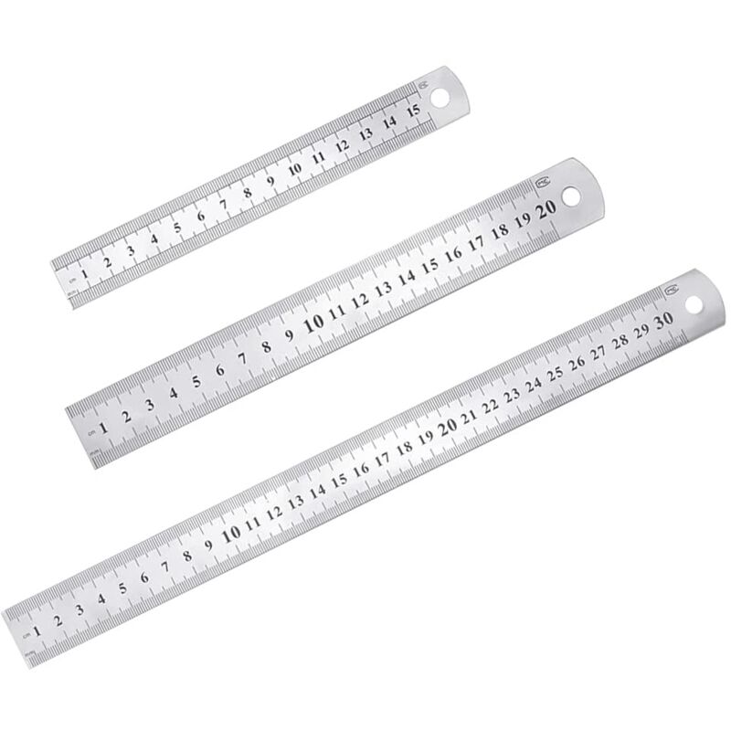 Tinor - 3 Pcs Stainless Steel Ruler Precision Metal Straight Ruler Kit 15cm(6''), 20cm(8''),30cm(12'') Silver Stainless Steel Ruler