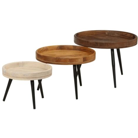 3 pcs Tables basses，Table d'appoint，Table de Salon rondes bois de manguier massif CFW63106