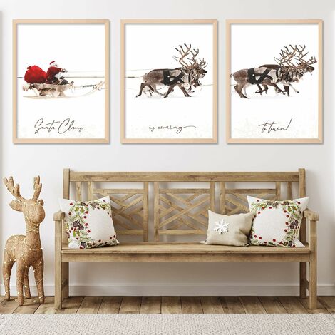 3-pcs Weihnachts-Wand-Kunst-Drucke 3040cm Weihnachtsmann Rentier mit Schlitten-Kunst-Poster Dekor Große Ästhetische Weihnachts-Poster-Raum-Dekor für