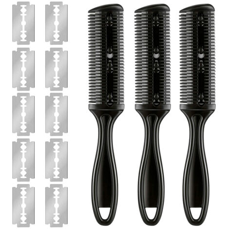 3 Peignes à Lame Rasoir Double Face avec 10 Lames en Acier Inoxydable pour Coupe de Cheveux