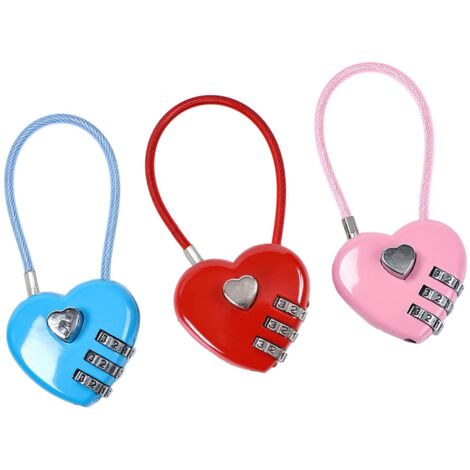 3 petits cadenas métalliques en forme de cœur avec code m
