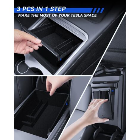 3 pezzi di accessori per Tesla Model Y 2021-2024 e Model 3 2021-2023, organizer per console centrale, contenitore per bracciolo e contenitore nascosto