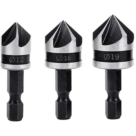 3 pezzi di frese per smussatura a 90 gradi, 5 taglienti conici per noce, 12 mm/16 mm/19 mm, punta per trapano esagonale da 1/4" in acciaio al carbonio per taglio e smussatura del legno