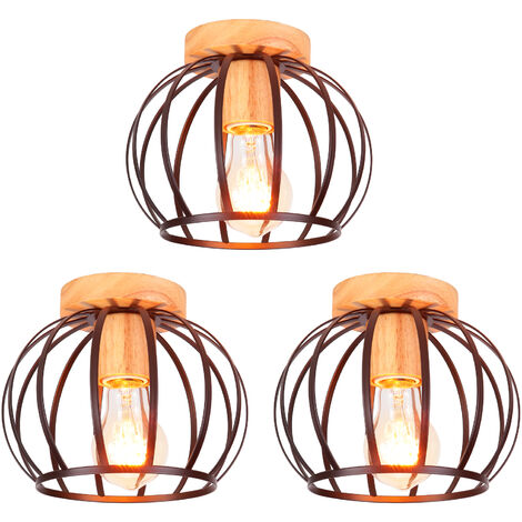 3 Pezzi Lampada da Soffitto Interno Industriale Moderno in Metallo e Legno Lampadario E27 Gabbia Rotonda per Corridoio Scale Soggiorno Nero