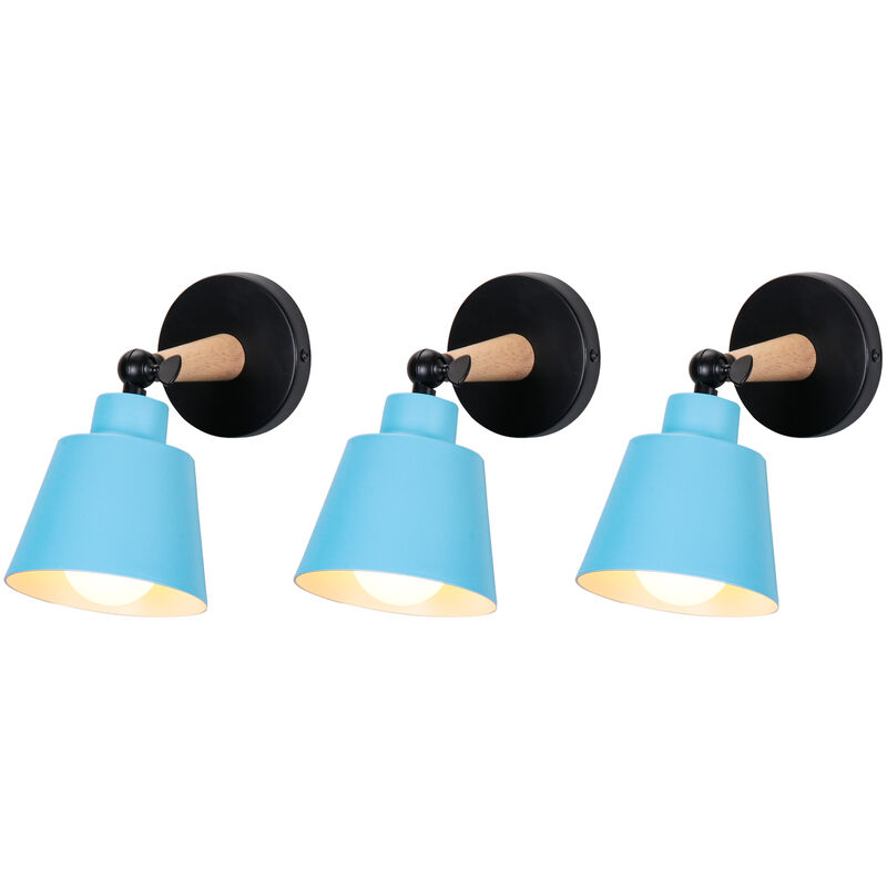 Image of Axhup - 3 Pezzi Moderno Lampada da Parete per Interni, Paralume del Cappello Fatto di Metallo e Legno E27, Applique da Parete Progetta Macaron Blu