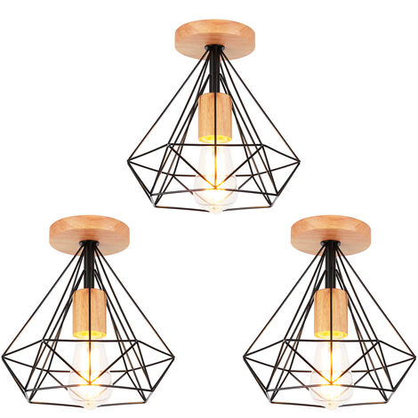 3 Pezzi Moderno Lampada da Soffitto Industriale E27 25cm Lampada Forma di Diamante in Metallo e Legno per Corridoio Scale Soggiorno Nero