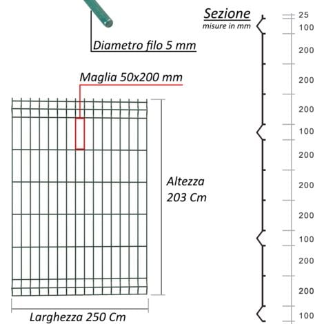 3 Pezzi Pannelli rigidi recinzione rete plastificata Ø 5mm 250 cm modulare - Componenti: Pannello H 203 cm