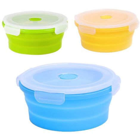 3 Pices Jaune Bleu Vert Bol Pliable Camping, Bote  Lunch Pliante En Silicone Avec Couverc Bol Saladier Pliable Rtractable Rcipients Alimentaires P