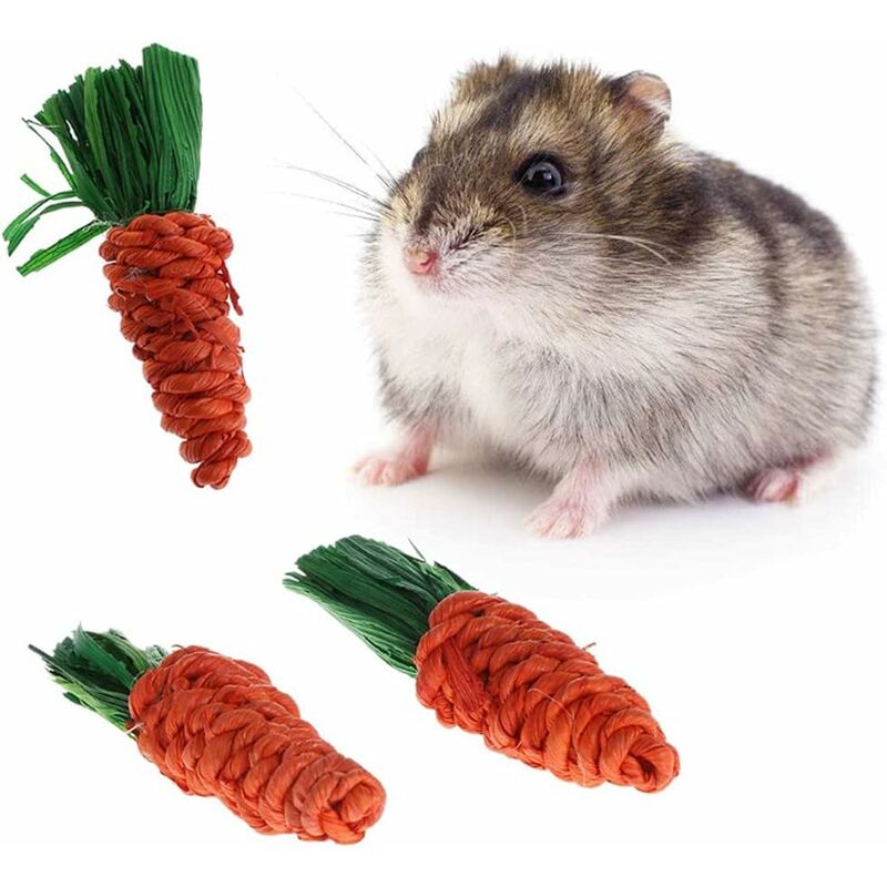 3 pièces Lapin à mâcher Jouet, Lapin Carotte maïs Jouet, Jouet de Corde tressée, Jouet de Boule dherbe à mâcher Naturel, pour Chats, Hamster