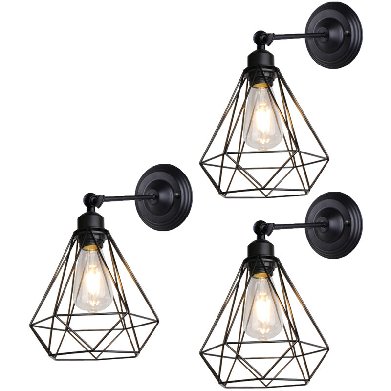 Stoex - 3 Piece Adjustable Wall Lamp Black E27 Antique Cage Chandelier Industrial Metal Wall Light for Bedroom Cafe Bar
