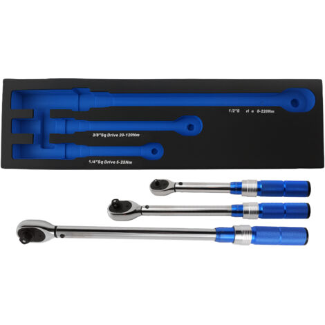 3 Piece Aluminium Torque Wrench Set 1/4 3/8 1/2 Drive 5-220Nm Professional
