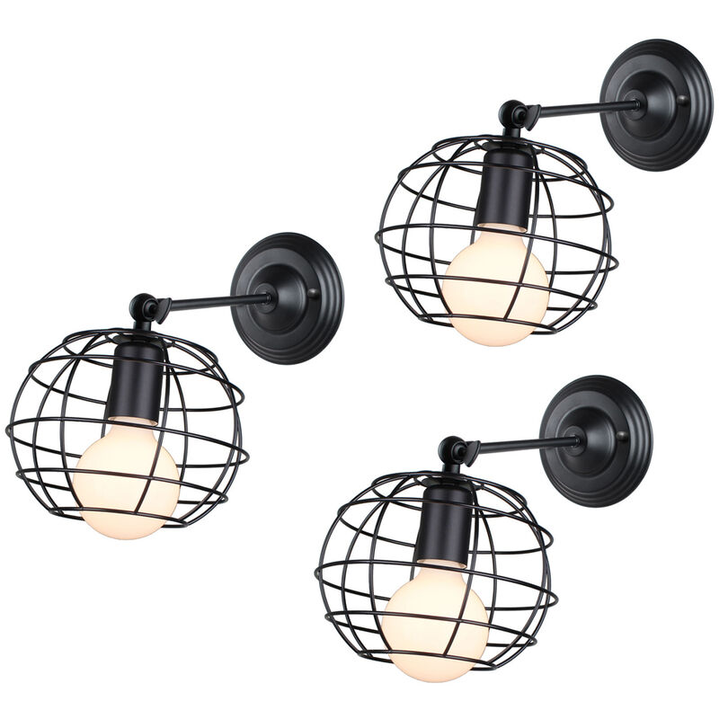 Stoex - 3 Piece Antique Round Wall Light Metal Cage Wall Lamp Retro Wall Light Metal Iron Wall Sconce Black for Bedroom Cafe Bar Office