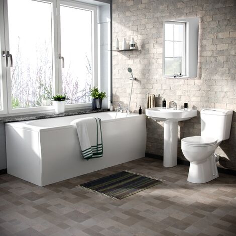 3-Piece Bath Suite Toilet, Pedestal Basin, 1700 Bath, V Tap Set and Front Panel White