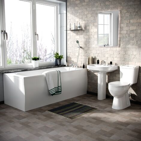 3-Piece Bath Suite Toilet, Pedestal Basin, Round Bath With V Basin and Showers Mixer White