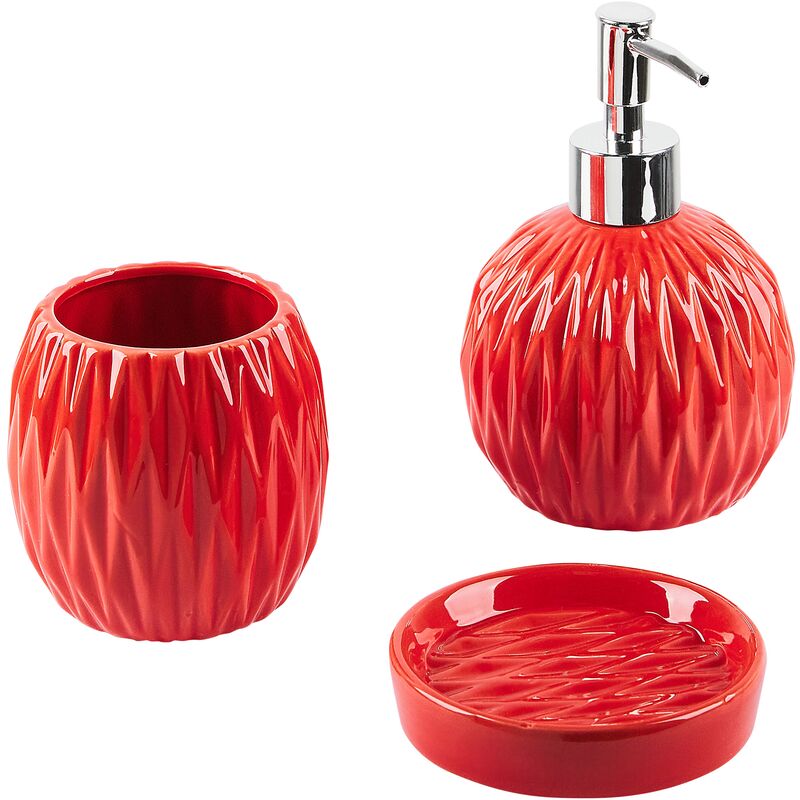 3-Piece Bathroom Accessories Set Dolomite Dispenser Toothbrush Cup Red Belem - Red