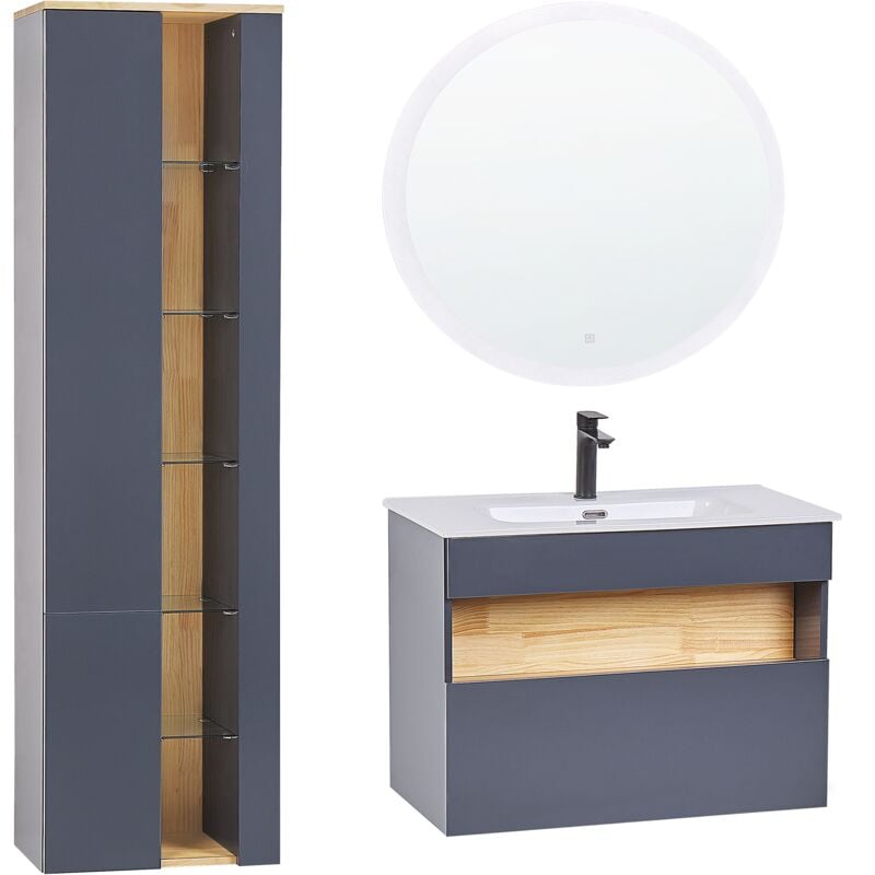 3 Piece Bathroom Furniture Set Vanity Basin Tall Cabinet led Mirror Grey Figures - Grey