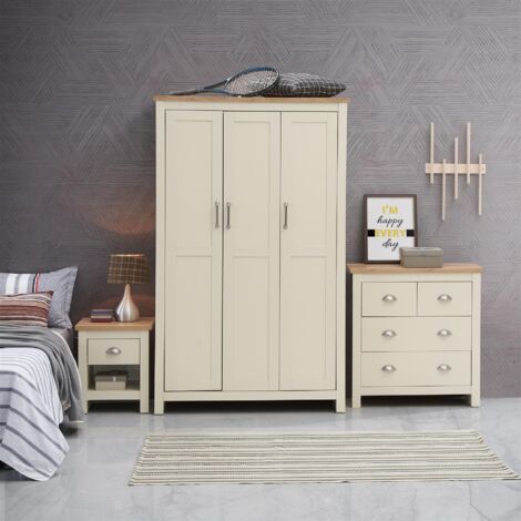 3 Piece Bedroom Furniture Set Cream 3 Door Wardrobe 2+2 Chest1 Drawer Bedside Table Oak top