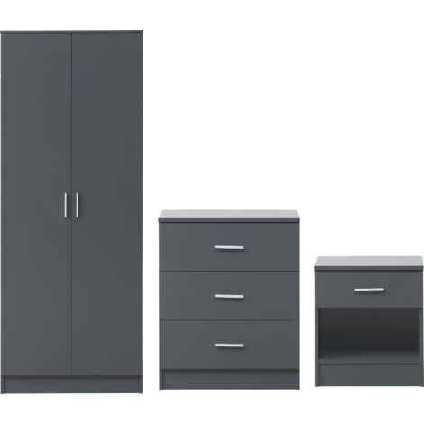 3 Piece Bedroom Set 3 Drawer Wardrobe Chest Bedside Table - Grey