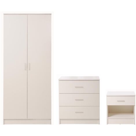 3 Piece Bedroom Set 3 Drawer Wardrobe Chest Bedside Table - White
