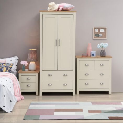 3 Piece Bedroom Set Cream 2 Door Wardrobe 2+2 Chest 2 Drawer Bedside Table Oak Top