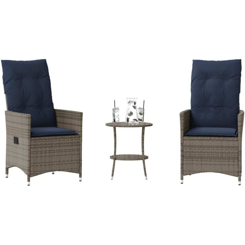 3 Piece Bistro Set With Cushions Grey Poly Rattan Vidaxl