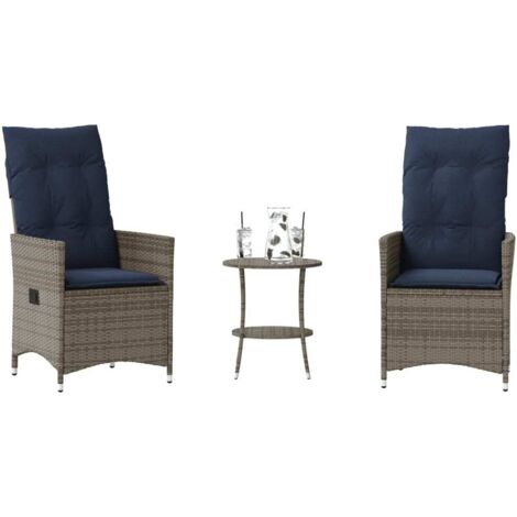 3 Piece Bistro Set with Cushions Grey Poly Rattan vidaXL