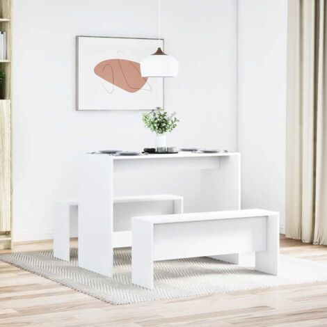 3 Piece Dining Table and Bench set White Engineered Wood vidaXL