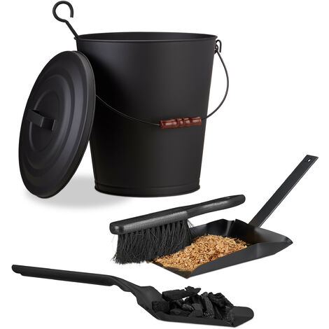 3-piece fireplace cleaning set, ash bucket with lid, flat ash shovel, steel brush set, 24 litres, black