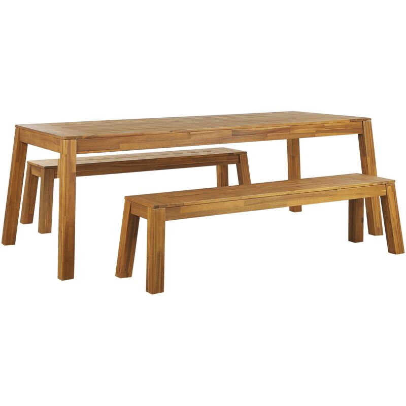 Beliani 3 Piece Garden Dining Set Indoor Outdoor Table Benches Laminated Acacia Wood Livorno