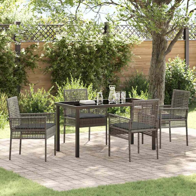 Garden Dining Set With Cushion 5 Pcs Grey Poly Rattan Vidaxl