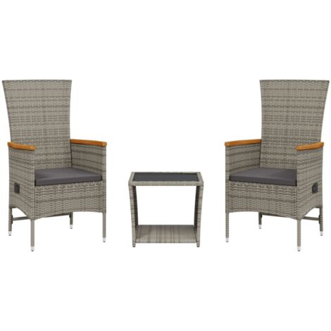 3 Piece Garden Dining Set with Cushions Grey Poly Rattan vidaXL