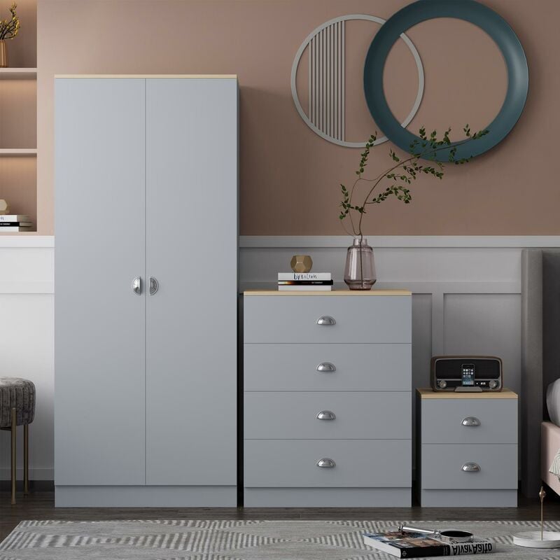 3 Piece Grey Bedroom Furniture Set Chest of Drawers Wardrobe Bedside Table - Grey