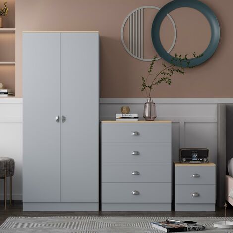 3 Piece Grey Bedroom Furniture Set Chest of Drawers Wardrobe Bedside Table