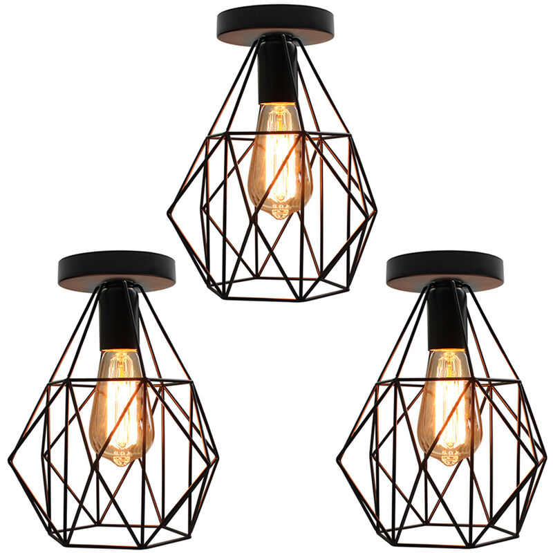 3 Piece Industrial Iron Ceiling Lamp Modern Cage Ceiling Light Retro Chandelier for Cafe Bar Office Bedroom E27 Socket Black