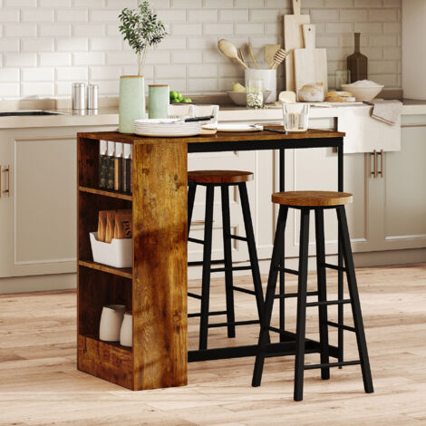 3 Piece Industrial Small Dining Table Set, Counter Height Bar Table & Stools Set with Storage Shelf, Rustic Brown