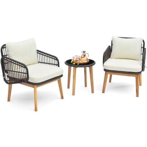 3 Piece Patio Chair Set Outdoor Rattan Bistro Set with Removable Cushion