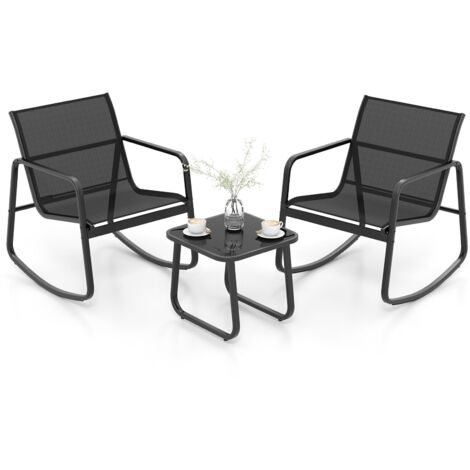 3 Piece Patio Rocking Set 2 Rocking Bistro Chairs & Glass-Top Table Furniture