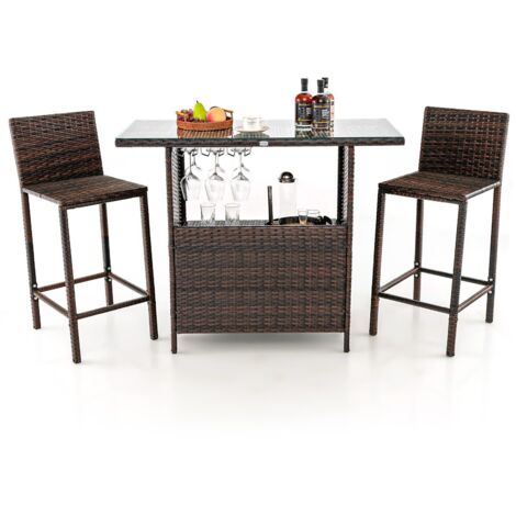 3 Piece Patio Wicker Garden Bar Set Rattan Bar Height Table Hidden Storage Shelf