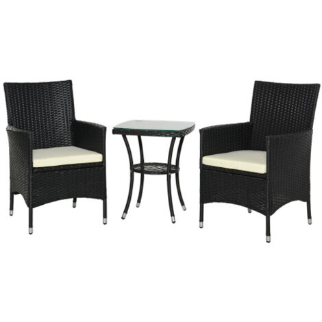 3-Piece Rattan Bistro Set for Outdoor Patio, Wicker Garden Furniture with Cushions and 2-Tier Coffee Table, Black