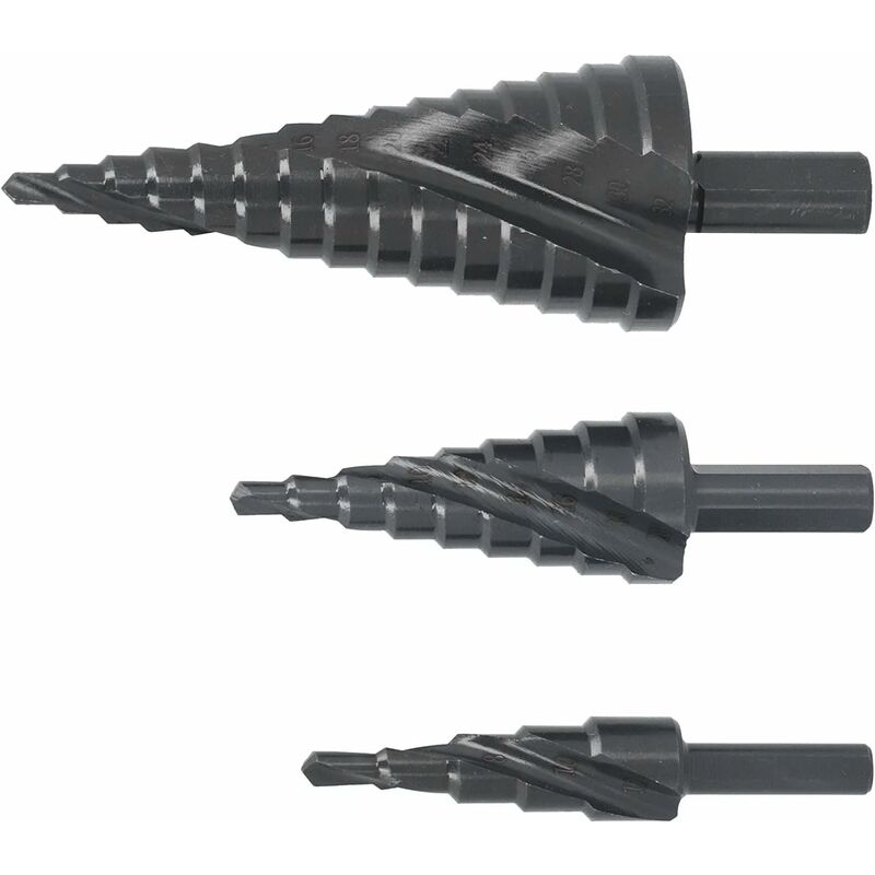 3-Piece set of universal spiral flute step drill bit, High-step two-flute design high-speed steel step cone drill bit is smoother and faster,