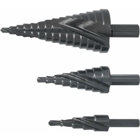 3-Piece set of universal spiral flute step drill bit, High-step two-flute design high-speed steel step cone drill bit is smoother and faster, Suitable for thin iron, suitable for PVC board, Suitable f