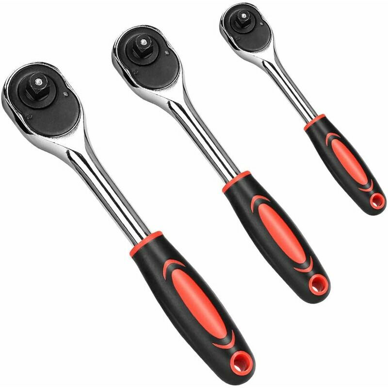 3 Piece Socket Wrench Set 1/4 ', 3/8', 1/2 'Professional High Quality Drive Ratchet Wrench Tool with Cushion Grip Locking Handle (Red)