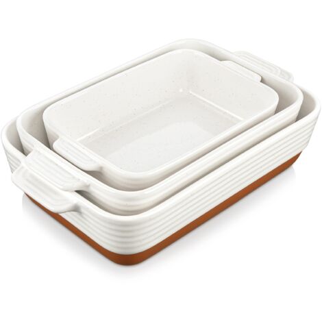 3 Piece Stoneware Gratin Dishes Set Oven Safe Dishwasher Safe Sesame Design For Pies Lasagne Cakes