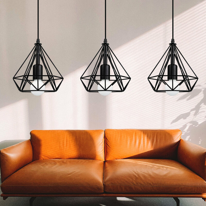 3pcs Vintage Penant Light Ø20cm Diamond Shape Chandelier Industrial Style Hanging Ceiling Lamp with Metal Cage (Black)