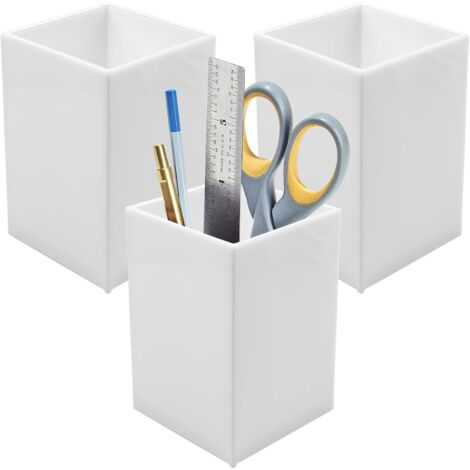 3-Piece White Acrylic Pen Holder, Desk Pen Holder, Square Organizer, Pencil Pot, Makeup Brush Holder, Office Supplies for Pens, Makeup Brushes, Storage