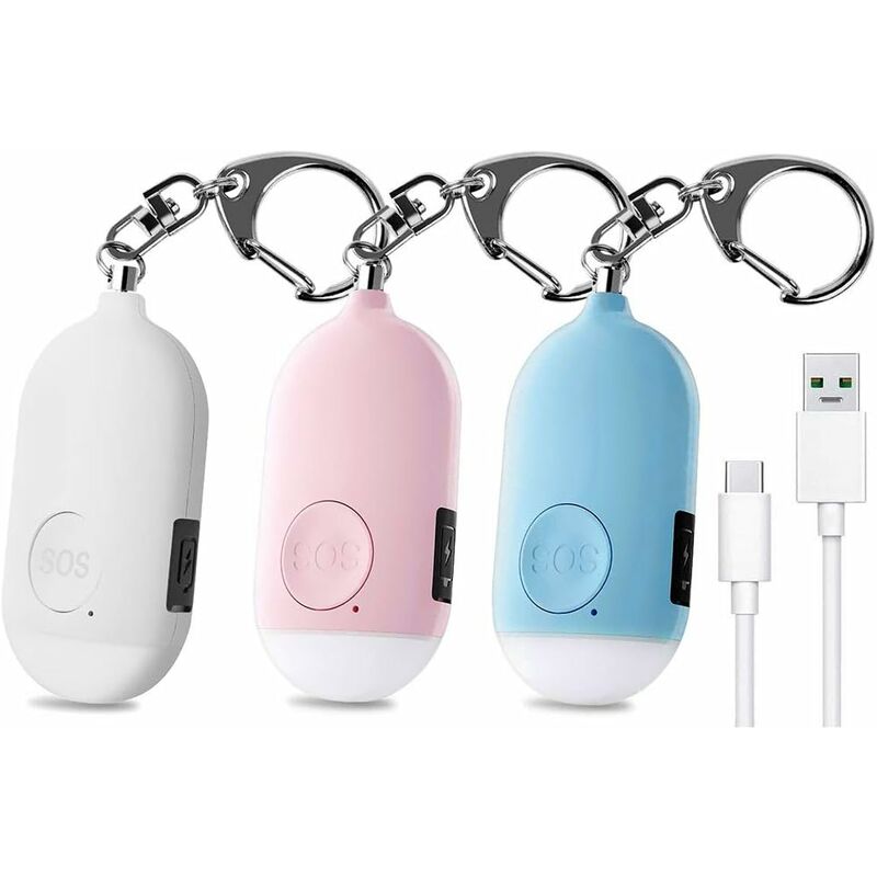 GDRHVFD 3 Pieces 130 Db Personal Emergency Alarm, Rechargeable Security Alarm with LED Flashlight Torch Burglar Alarm - Pink+White+Blue