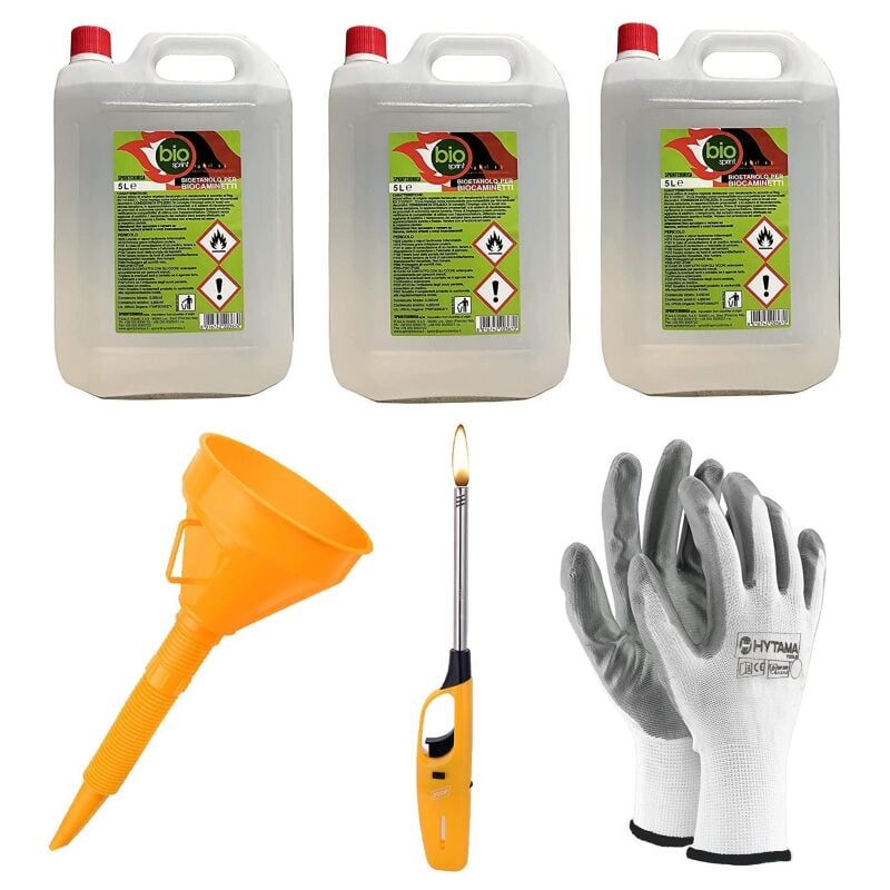 3 pie'ces - 15 litres - Bioe'thanol combustible poeles Bio Sprint 5 litres 99,9 % inodore sans fumee' naturelle sans soufre + briquet + entonnoir +